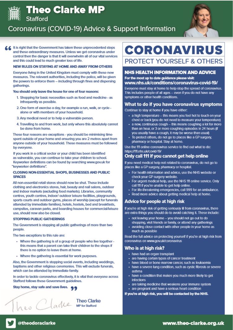 Theo Clarke MP coronavirus Leaflet